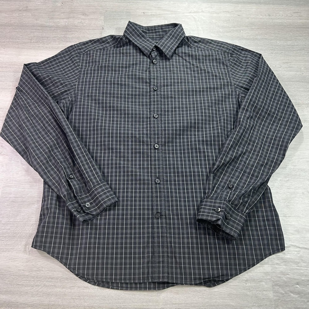 Theory Shirt Mens XL Gray Plaid Stretch Dress Button Front Casual Long Sleeve‎